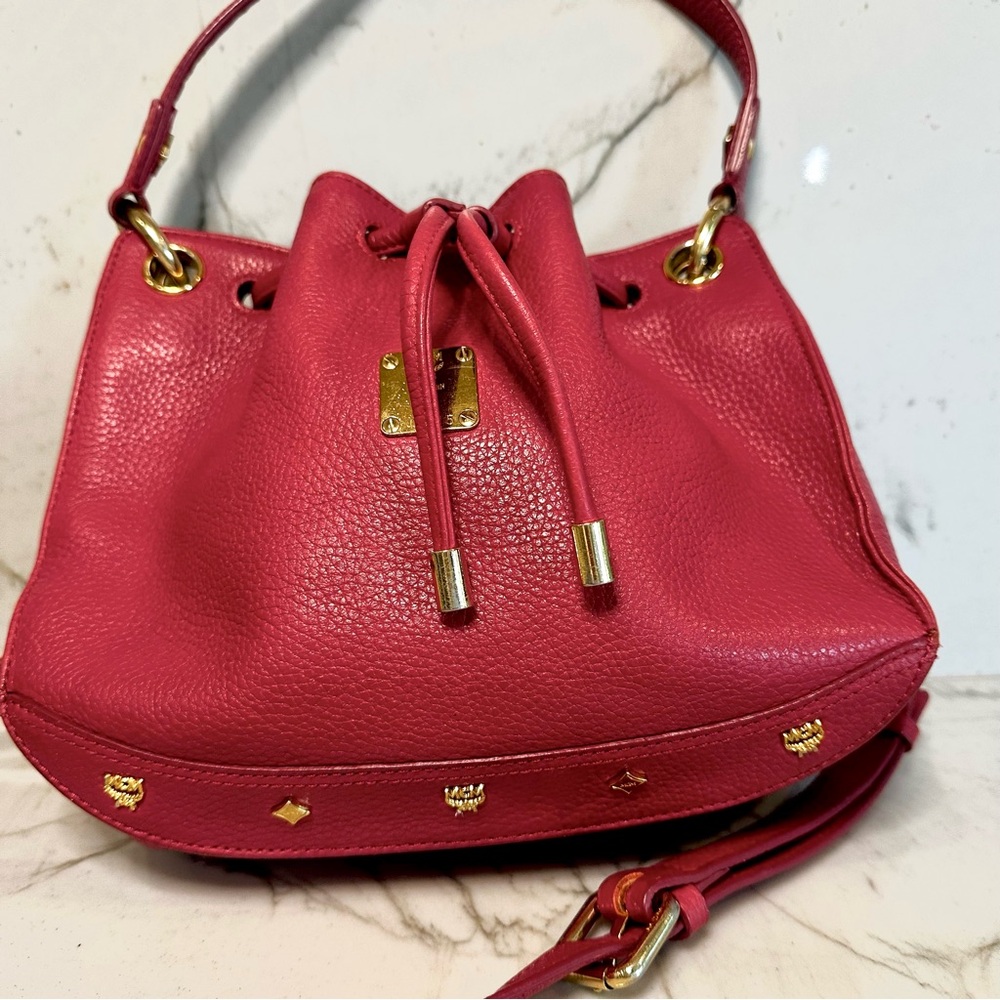 Authentic MCM Red Pebbled Leather 2 Way Bucket Bag - Picture 3 of 9